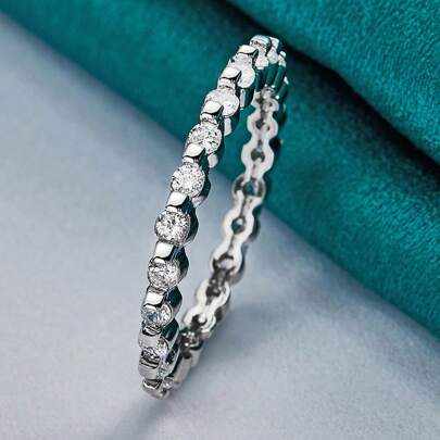 Anillo plateado en plata de ley 925 con circonita completa, talla 7-10, para mujer, boda, compromiso, moda y joyería de encanto