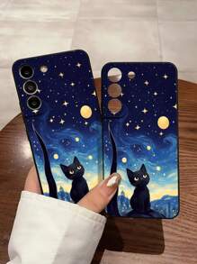 1 szt. Minimalistyczny, perforowany wzór z motywem kota w gwiaździste niebo, czarny, miękki futerał na telefon, kompatybilny z /Redmi/OPPO/Honor, wodoodporny, odporny na wstrząsy, odporny na upadki i zarysowania
