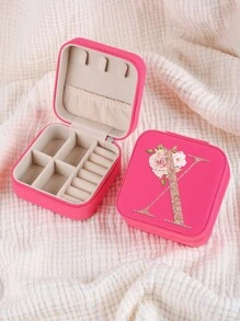 1pc Caixa de joias rosa com flores rosas, caixa de joias de viagem da moda com letras de ouro rosa, caixa de joias de viagem de presente personalizada, presentes de aniversário para mulheres, presentes de Natal para meninas adolescentes, iniciais, caixa de joias de viagem A-Z