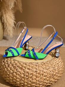 金属点缀封闭式鞋头高跟凉鞋，女士优雅交叉露跟高跟鞋，拼色法式鞋 - 藍綠色 - 查看 4