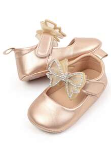 1 par de zapatitos de bebé, diseño lindo de lazo de dibujos animados, apropiado para interiores y exteriores con suela antideslizante para aprender a caminar, zapatos planos y suaves para bebés. - Dorado - Ver 2