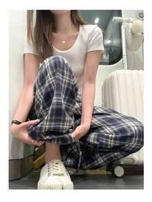 Slimming Plaid Wide Leg Pants, Drawstring Waist, Relaxed Fit, Patchwork Waistband, Straight Leg Long Trousers, Versatile