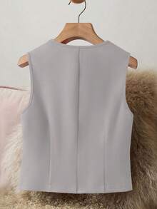 女士优雅无袖 V 领西装外套，时尚前扣背心外套，适合所有季节 - 灰色 - 查看 3