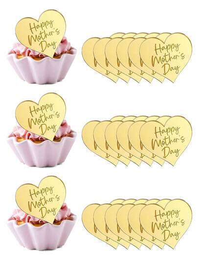 15 piezas de decoraciones para cupcakes del Día de la Madre de acrílico y dorado en forma de espejo, decoración para pasteles del Día de la Madre - Mejores decoraciones para cupcakes del Día de la Madre con corazón, amor y "Mejor mamá" para el Día de la Madre