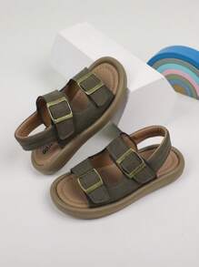 1双男童简约休闲舒适平底防滑凉鞋，时尚金属扣装饰带，百搭假日/校园风格儿童凉鞋 - 棕色 - 查看 3