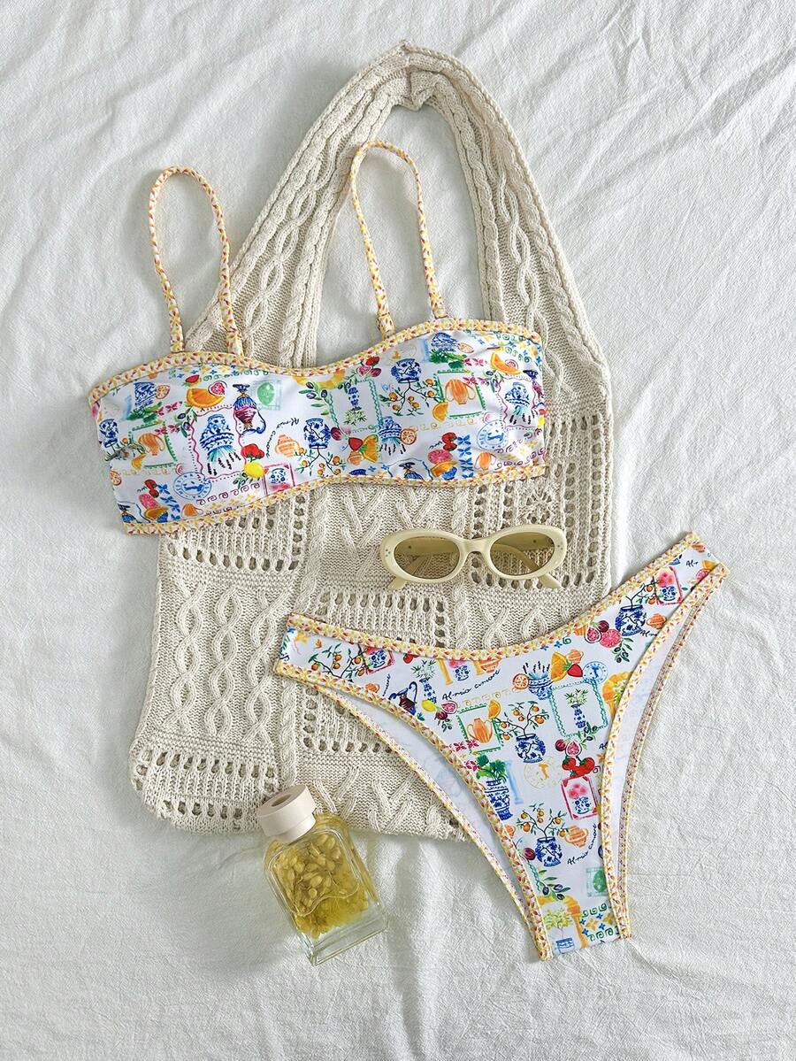 两件套女士印花搭配平胸比基尼，可拆卸肩带适合海岛度假摄影