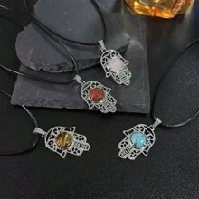 1pc Fashion Necklace With Natural Crystal, Rose Quartz And Tiger Eye Stone Palm Pendant, Suitable For Daily Wear