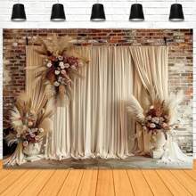 1pc Bohemian Style Wedding Photography Background Vintage Brick Wall Beige Floral Curtains Decor Wedding Studio Photography Background Decoration Banner Vinyl