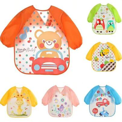 1pc Cartoon Pattern Feeding Bib With Long Sleeves For 0-6 Years Old Children, Durable Polyester, Adjustable Hook & Loop Closure