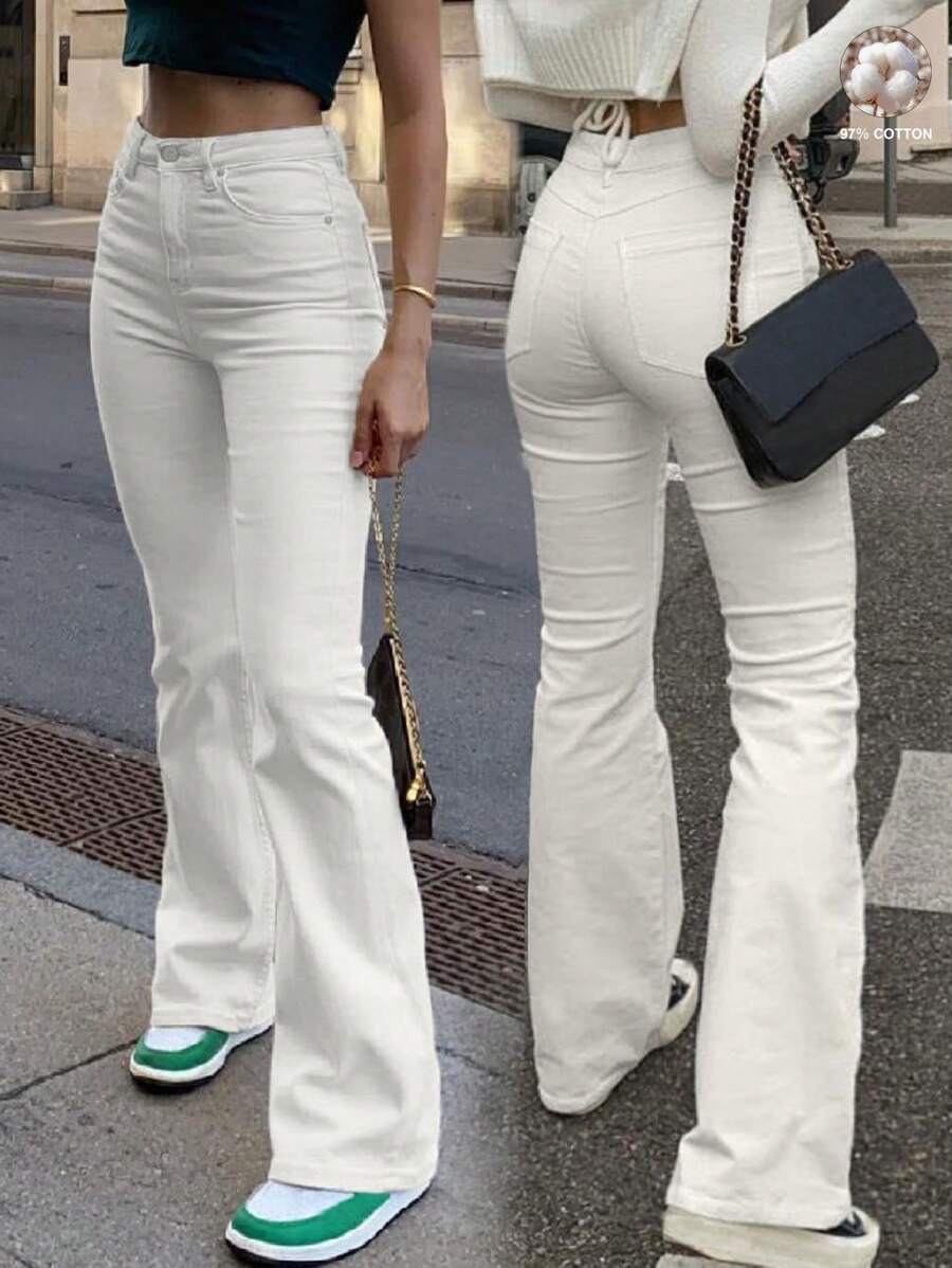 MYOURSA 女式喇叭裤弹力高腰牛仔裤喇叭裤优雅休闲日常工作约会街头服饰校园时尚服装白色 - 白色 - 查看 1