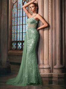 LUVISTRUE Goddess Temperament Sequins Splicing Summer Formal Dress Women Beaded Evening Gown For Charity Prom, Galas, Birthday Party, Red Carpet, Graduation Season Prom, Dinner Solid Color Spaghetti Strap Mermaid Gown Maxi Long Dresses - Mint Green - View 5