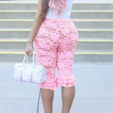 Women Cropped Lace Capri Pants Sexy See Through Lace Floral Leggings Shorts Slim Fit Bowtie Side Pedal Pushers Coquette Tight Bottoms - 粉色 - 查看 9