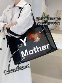 Personalized Mesh Tote Bag, Gifts For Girlfriend/Wife, Valentine's Day Gifts,Large Capacity Lightweight Stylish Personalized Tote Bag , Customized Face, Customized Women's Shoulder Bag Casual Shopping Bag Tote Bags - Black - View 3