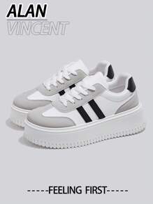 Alan Vincent [Thick Sole Heightening Series]White And Black Shoes For Women 2025 Spring New Thick-Soled Sports Shoes Fashionable Height Increasing Shoes Casual Sneakers Women Outdoor Party Shoes Ladies Shoes Cortez Student Girls Shoes Everyday All-Match And Comfortable Pair With Various Pants And Jeans