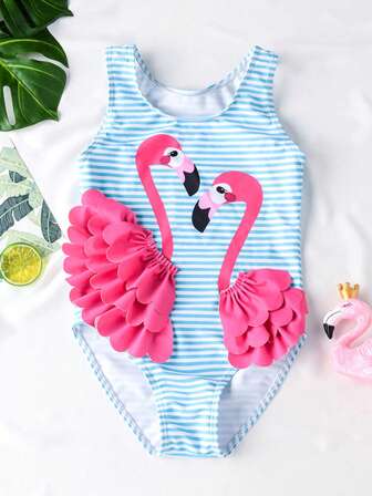 Young Girl Summer Beach Striped Flamingo Print One-Piece Swimsuit