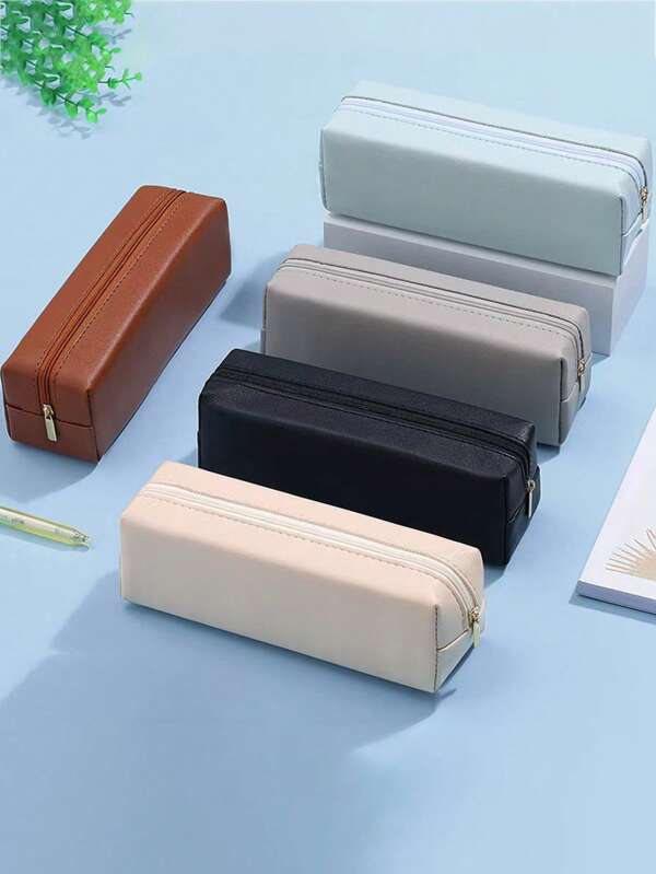 1pc Plain Simple Zipper Storage Bag, Pencil Case, Portable Practical Organizer Bag, Women Cosmetics, Office Supplies, Student Stationery, Back To School, Gift, PU Leather Stationery Pouch, Back To School Season