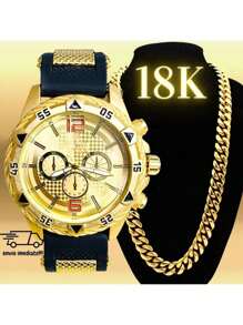 Kit Relógio Masculino Dourado + Corrente Banhada Grossa 18K