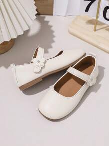 1 Pair Girls' Beige Flat Flower Hook And Loop Adjustable Shoes, Round Toe TPR Non-Slip Comfort Light-Weight Solid Color Cute Ballet Flats, Suitable For 5-14 Years Old Girls, School, Festival Activities, Indoor/Outdoor Daily Casual Wear - Beige - View 7