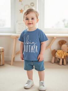 Camisetas de manga corta con estampado de letras para niños y niñas, camisetas casuales de verano a la moda para niños, conjuntos a juego para hermano y hermana - Azul - Ver 8