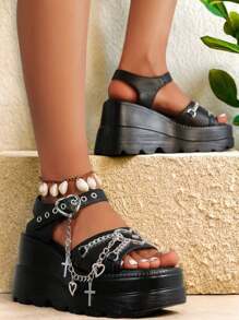 New Black Summer Slope Heel Shoes For Woman Thick Bottom Women's Punk Fashion Sandals For Women Casual Slippers Comfortable Shoes Women's Gothic Style Cross Chain Detail Platform Sandals Summer Shoes - 黑色 - 查看 4