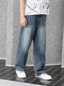 Pantalones vaqueros azules de moda casual y cómodos para adolescentes, adecuados para uso diario y vuelta al colegio, lavado vintage de alta calle con efecto desgastado | Pierna recta ajustada | Pantalones vaqueros con caída