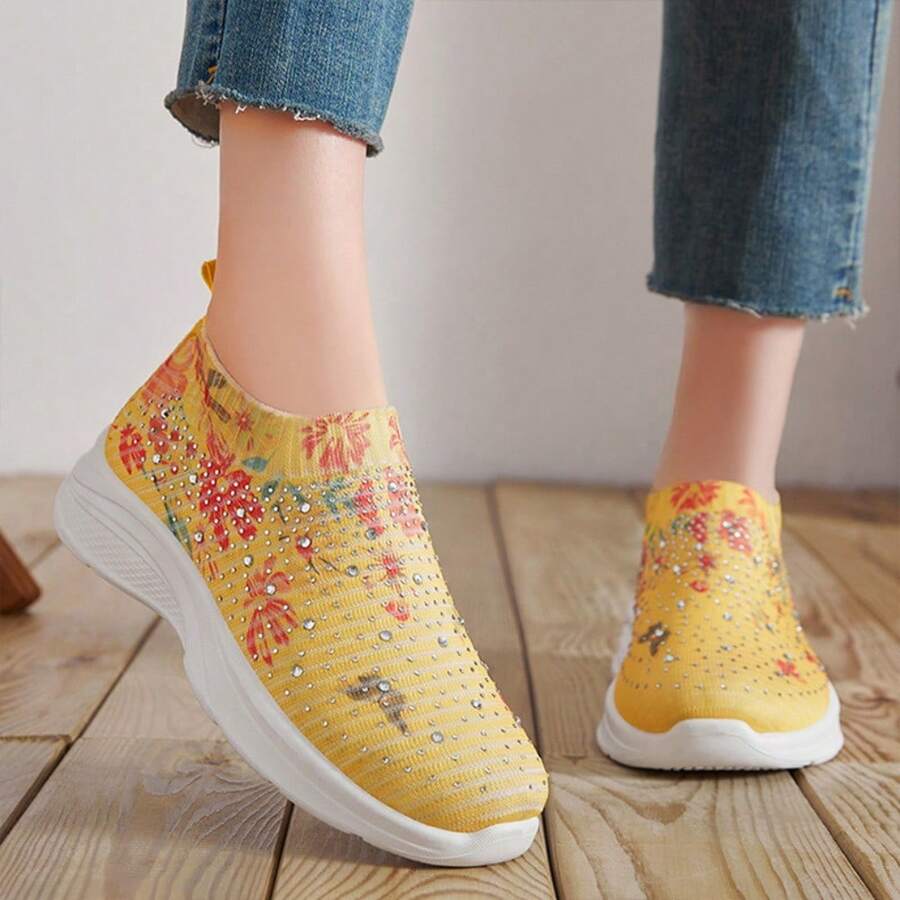 Fashionable Rhinestone Floral Print Casual Sports Sneakers - Yellow - View 1