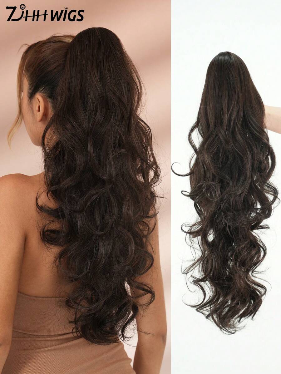 7JHH WIGS 28 Inch Long Curly Wavy Claw Clip Ponytail Wig, Black & Brown, Synthetic Heat Resistant Clip-In Ponytail Hair Extensions For Women, Suitable For Daily Wear & Party - 黑棕色 - 查看 1