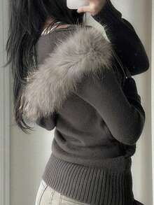 Women's Vintage Faux Fur Trim Hoodie Sweater Zip Up Cable Knit Slim Y2k Cardigan - Tro - Xem 5