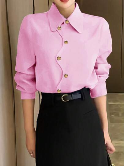 Women's Fashion Solid Color Long Sleeve Casual Asymmetrical Button Shirt
