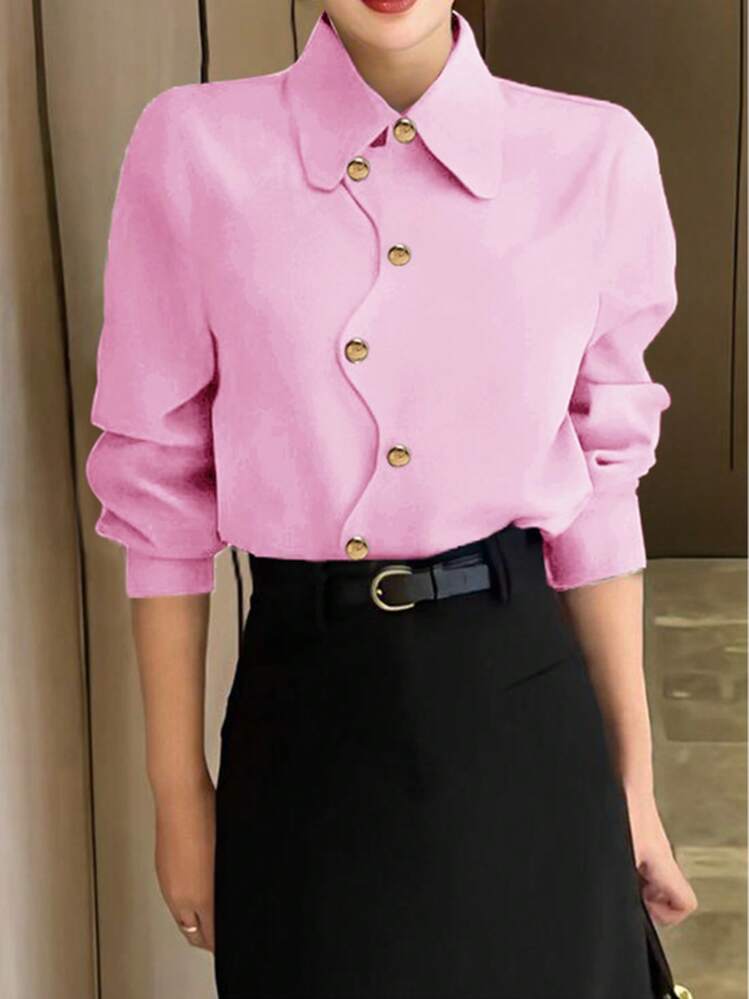 Women's Fashion Solid Color Long Sleeve Casual Asymmetrical Button Shirt - Pink - View 1
