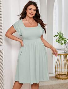 Garvee Women Plus Size Midi Dress Short Ruffle Sleeves High Waist Casual Summer Dress With Pockets - Màu xanh Bạc hà - Xem 4