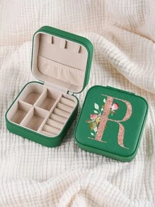 1pc Caixa de joias rosa com flores rosas, caixa de joias de viagem da moda com letras de ouro rosa, caixa de joias de viagem de presente personalizada, presentes de aniversário para mulheres, presentes de Natal para meninas adolescentes, iniciais, caixa de joias de viagem A-Z