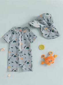 3M-3T Toddler Boys Rash Guard Swimsuit Playsuits Dinosaur/Fish Print Zipper Short Sleeve Sun Protection Bathing Suit With Swim Cap - Grey - View 1