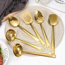 6pcs Gold-Plated Stainless Steel Kitchen Utensil Set - Includes Soup Spoon, Colander, Frying Shovel & More - Essential Cooking Tools For Home Chefs - Multicolor - View 9