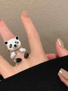 Set de 3 anillos/Anillo abierto de panda de dibujos animados lindo, set de anillos de muñeca de animal lindo, anillo desmontable creativo - Blanco y Negro - Ver 5