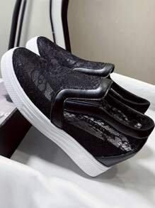 2025 Spring/Summer Women's Wedge Sneakers, Mesh Lace-Up Casual Platform Shoes, Breathable Round Toe Slip-On - Black - View 3