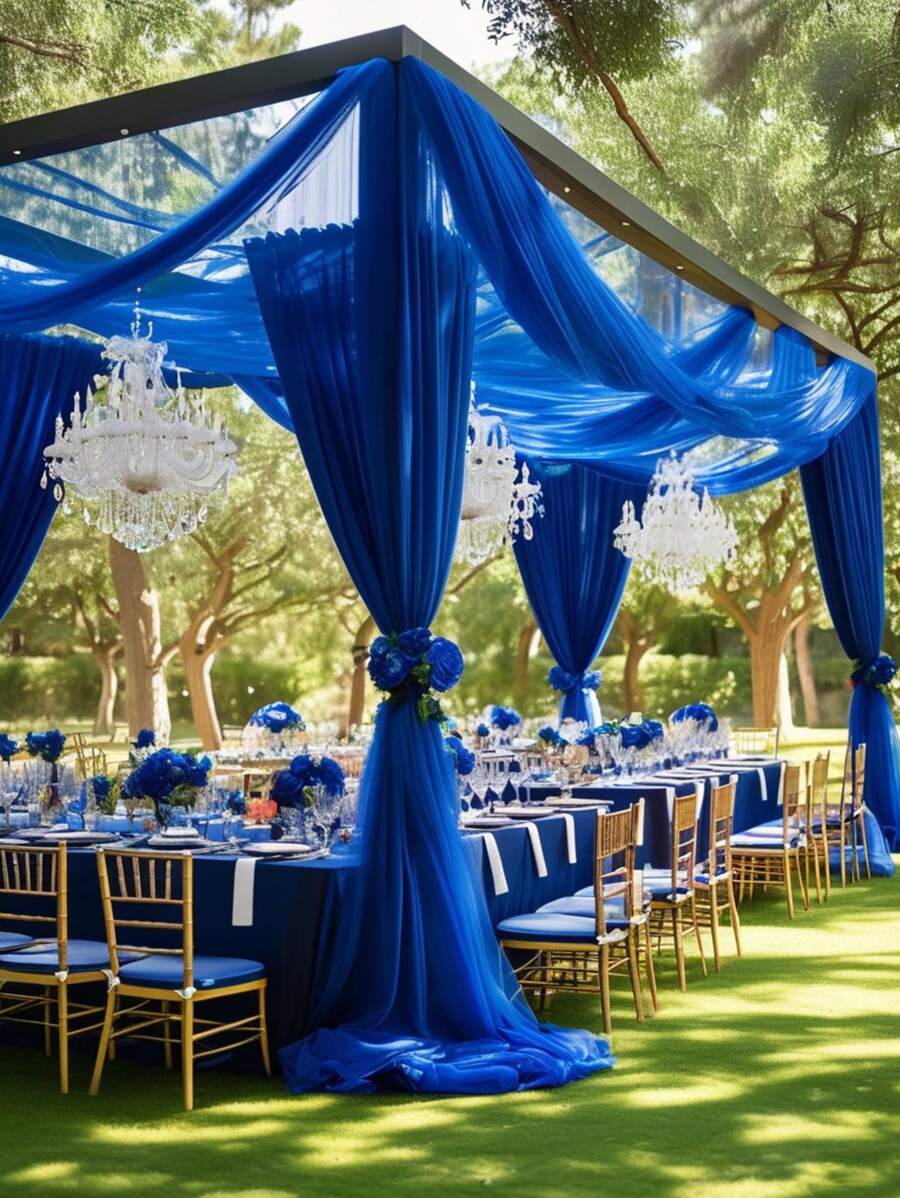 1件皇家蓝雪纺面料，婚礼雪纺装饰，适用于摄影背景、婚礼派对、订婚、仪式、舞台装饰、新娘送礼会、婴儿送礼会、周年纪念/生日派对、婚礼拱门装饰 - 派对横幅、彩带、纯色透明背景，适用于户外派对用品、天花板悬挂、仪式接待、桌布和桌旗装饰、派对桌布