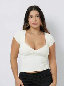 Short Sleeve V-Neck Blouse Polyamide Summer Fashion Aesthetic Coquette - Crema - Ver 2