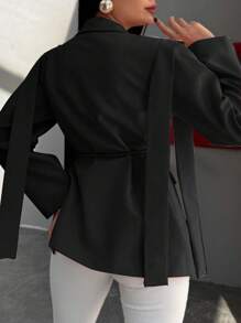 女士纯色翻领长袖宽松休闲西装外套，优雅春季穿搭，秋季女装 - 黑色 - 查看 3