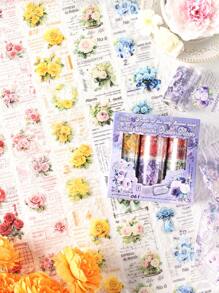 6 Rolls/Box Floral PET Waterproof Sticker Set, Different Color Design Handbook Decorative Stickers, Student Stationery And Scrapbook Decoration Fashion Stickers