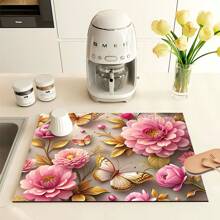 1pc Vintage Floral Pattern Absorbent Coaster, Suitable For Espresso Machines, Sinks, Faucets, Bathroom Cup Holders, Home Decor And Kitchen Accessories - FULSD284 - View 3