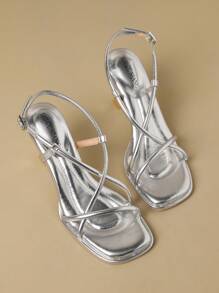 2026春夏新款罗马凉鞋，优雅高跟鞋，简约舒适时尚女鞋，紫色细高跟凉鞋 - 銀色 - 查看 2