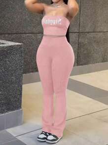 Women's Sleeveless Rhinestone Decor Sexy Cropped Top And Pants Sports & Casual Fashion Two Pieces Outfits, For Spring/Summer