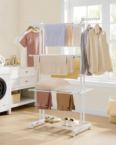 SONGMICS Clothes Drying Rack Stand 4-Tier, Foldable Laundry Drying Rack 67.7-Inch Tall, Steel, Rolling Clothes Horses Dryer Rack, Easy To Assemble, Indoor Outdoor Use,Spring,Minimalist,Summer Tops