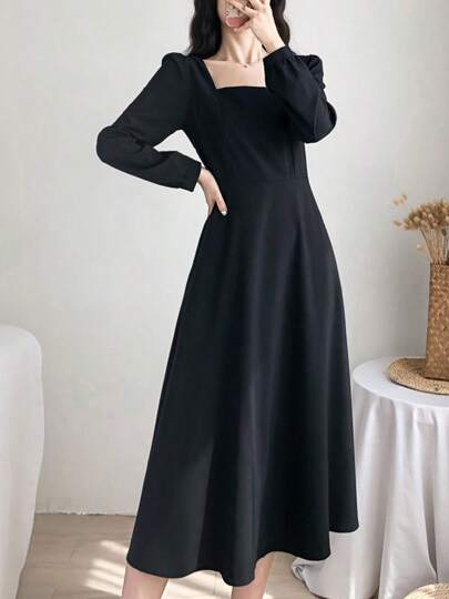 Vestido largo de estilo Hepburn para mujeres moda vestido de manga larga temperamento vestido de cuello cuadrado