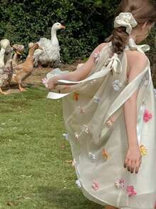 Vestido de princesa elegante con lazo y tul para niña, adecuado para niña de las flores, cumpleaños, fiesta, casual, actuación en el escenario, celebración festiva - Albaricoque - Ver 8