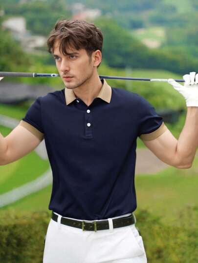男士撞色饰边高尔夫 Polo 衫，半扣领拼色商务休闲工作衬衫 V 领 T 恤，可作为男友礼物，适合高尔夫运动，适合日常穿着，适合夏季穿着，适合网球运动