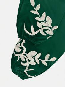 Women's Plant Pattern Long Sleeve Shirt And Pants Arabic Style 2 Pieces Set,Modest - Dark Green - View 3