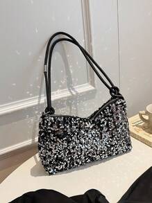 1 件银色亮片顺滑拉链休闲纯色手提包，用途广泛，适合女性日常使用 - 銀色 - 查看 1