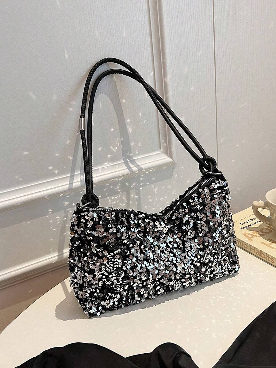 1 件银色亮片顺滑拉链休闲纯色手提包，用途广泛，适合女性日常使用 - 銀色 - 查看 1